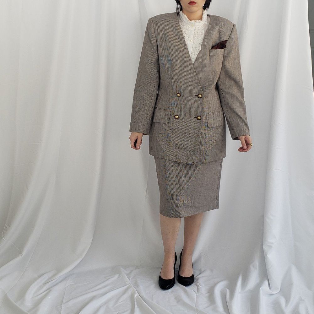 90s Brown Plaid Skirt Suit
